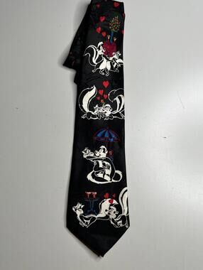 Vintage Looney Tunes Mania Tie Mens One Size Black Pepe Le Pew Hearts Valentine